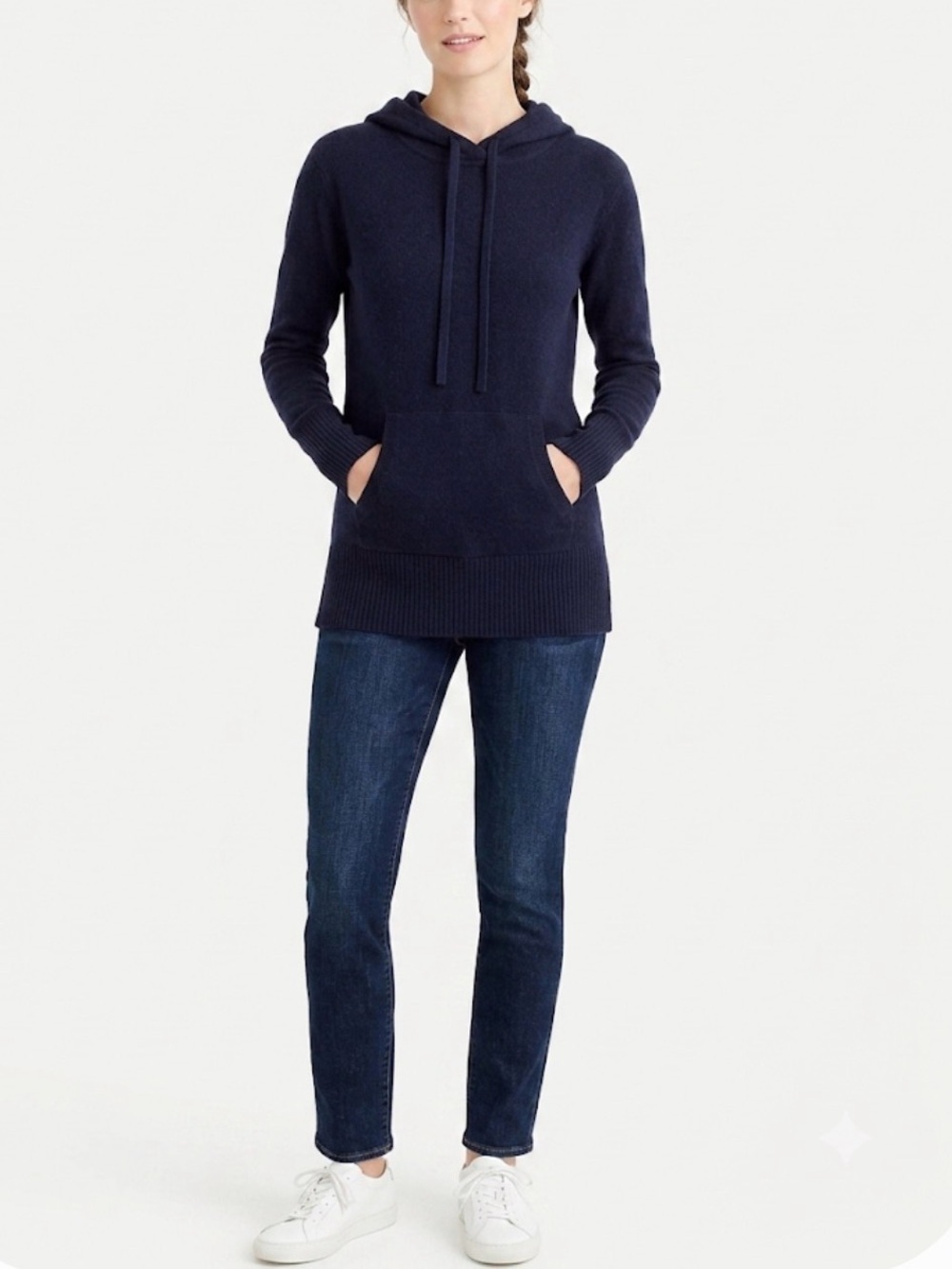 J.Crew 100% Italian Yarn Cashmere Knit Popover Hoodie Navy Blue XXS